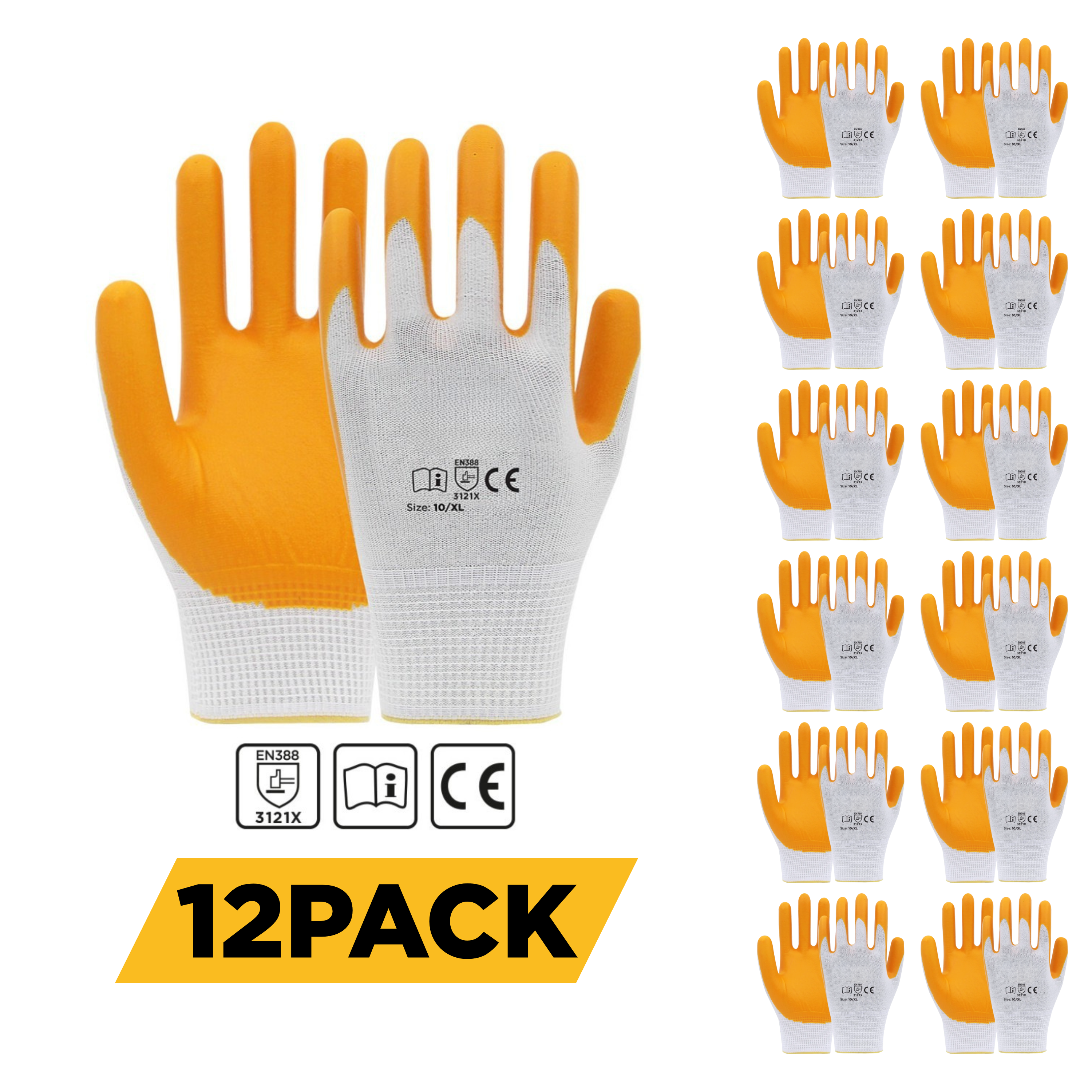 Bigrizy Guard Work Gloves for Men & Women - Nitrile Coated Breathable Seamless Knit 13-Gauge Polyester Safety Working Gloves with Firm Grip for Construction, Mechanics, Gardening (10/XL - 12 Pack)