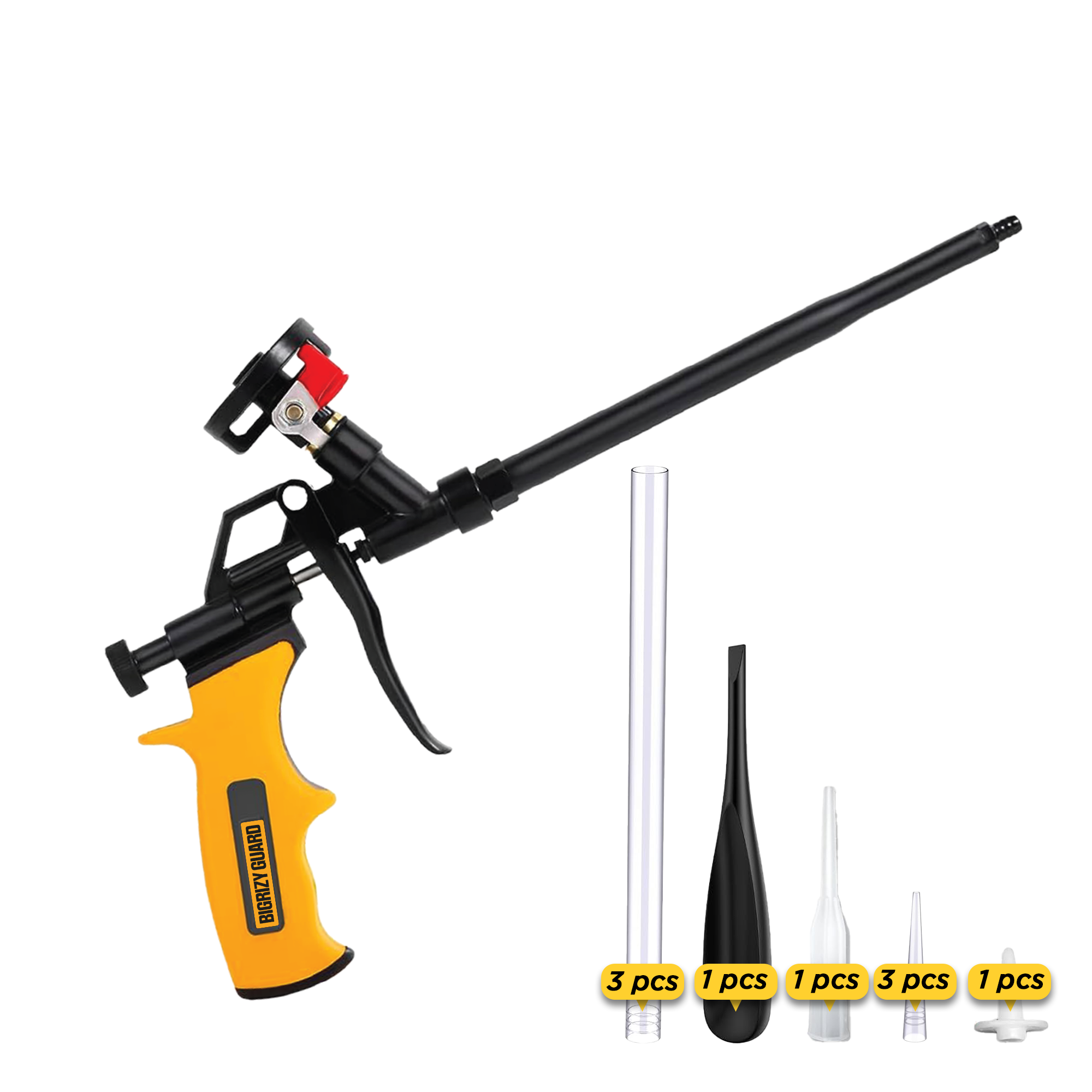 Bigrizy Guard Spray Foam Gun, Professional Expanding Foam Dispensing Gun with 9 Nozzle for Insulation, Filling, Sealing & Caulking, PTFE Non-Stick Coating PU Insulating Applicator Kit (Yellow)