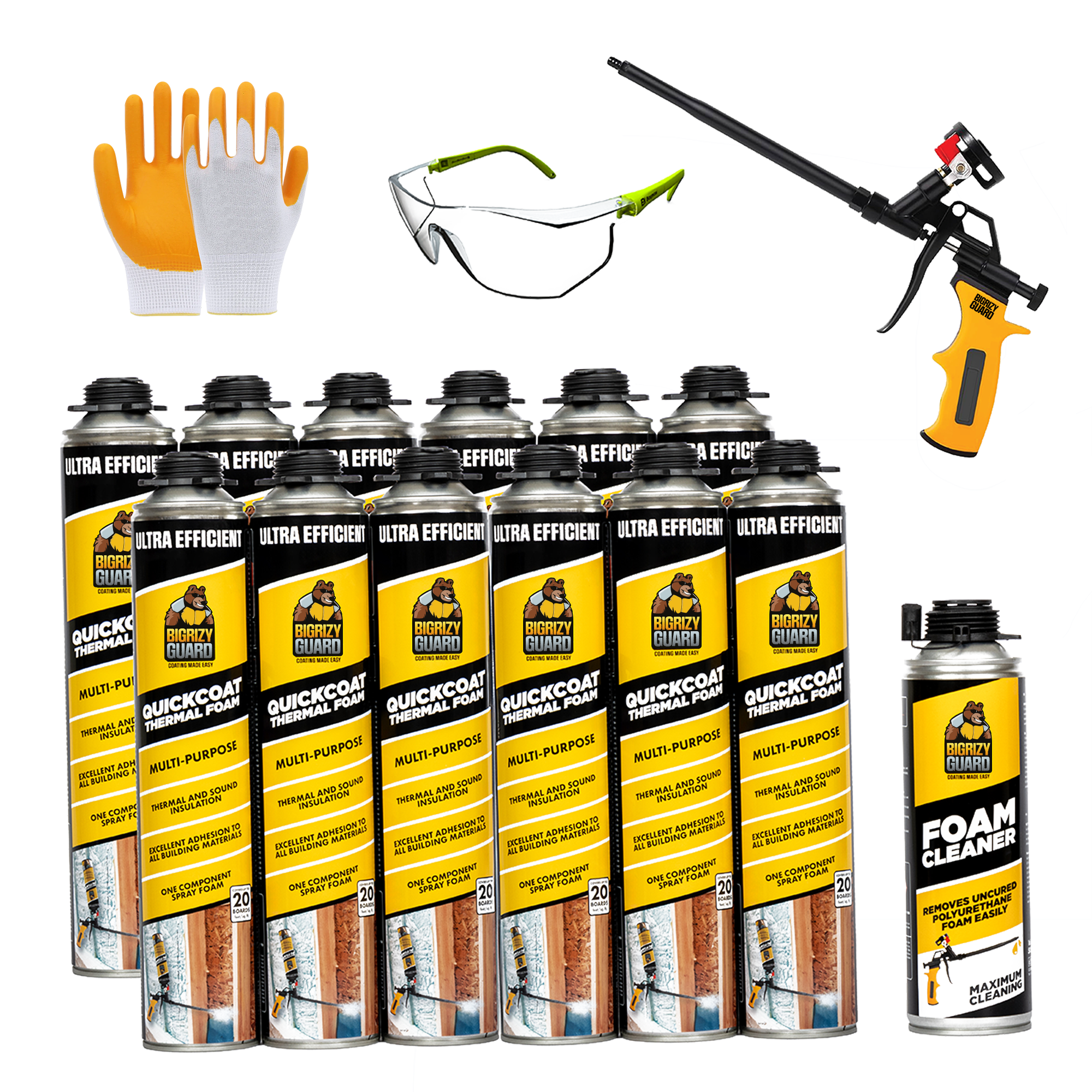 Bigrizy Guard Spray Foam Insulation Kit - Closed Cell Spray Foam, 32.8 oz Can, DIY Wide Polyurethane Expanding Sealant for Garage Door, Attic and Wall, Covers 240 Board Feet (12 Pack, Gun & Cleaner)