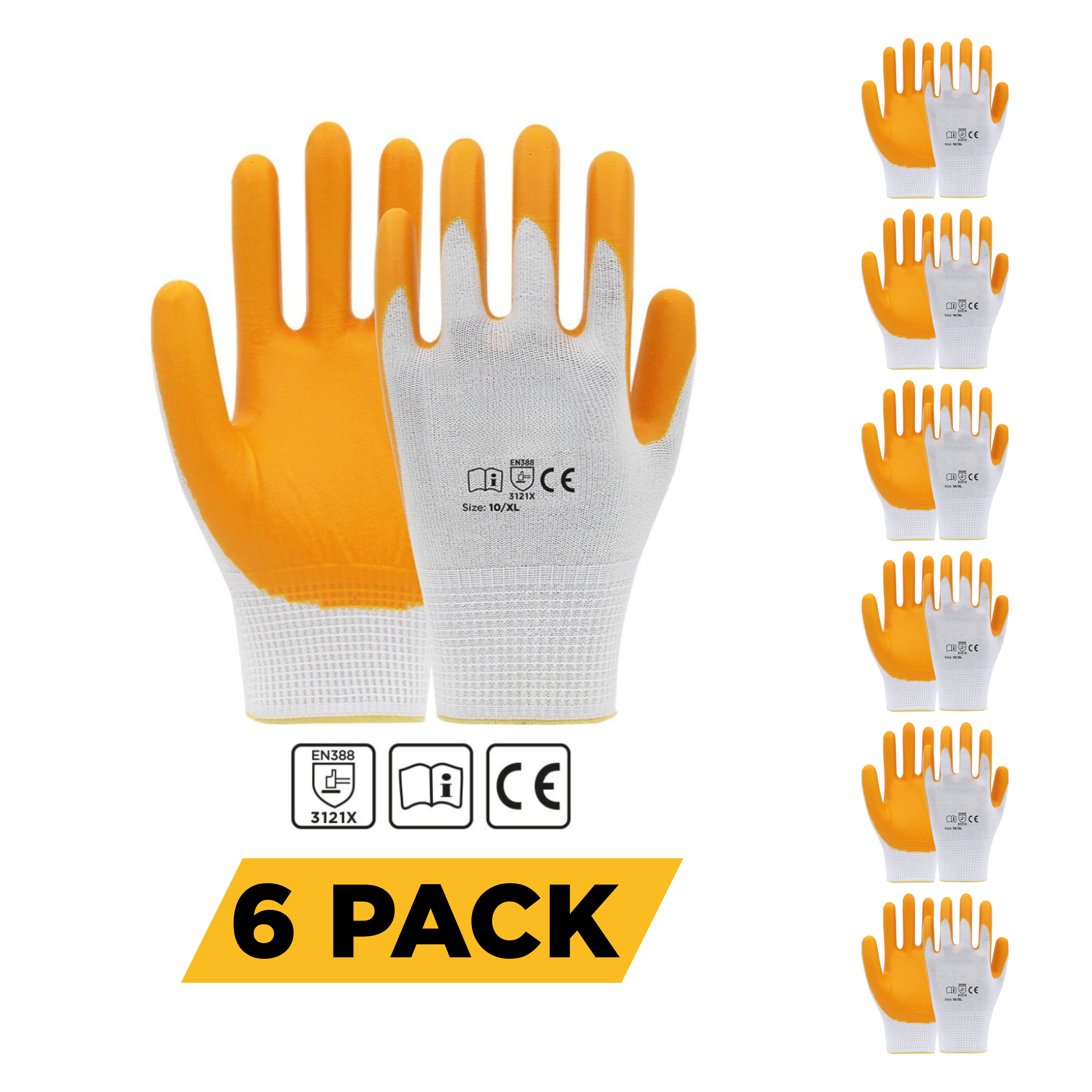 Bigrizy Guard Work Gloves for Men & Women - Nitrile Coated Breathable Seamless Knit 13-Gauge Polyester Safety Working Gloves with Firm Grip for Construction, Mechanics, Gardening (10/XL - 6 Pack)