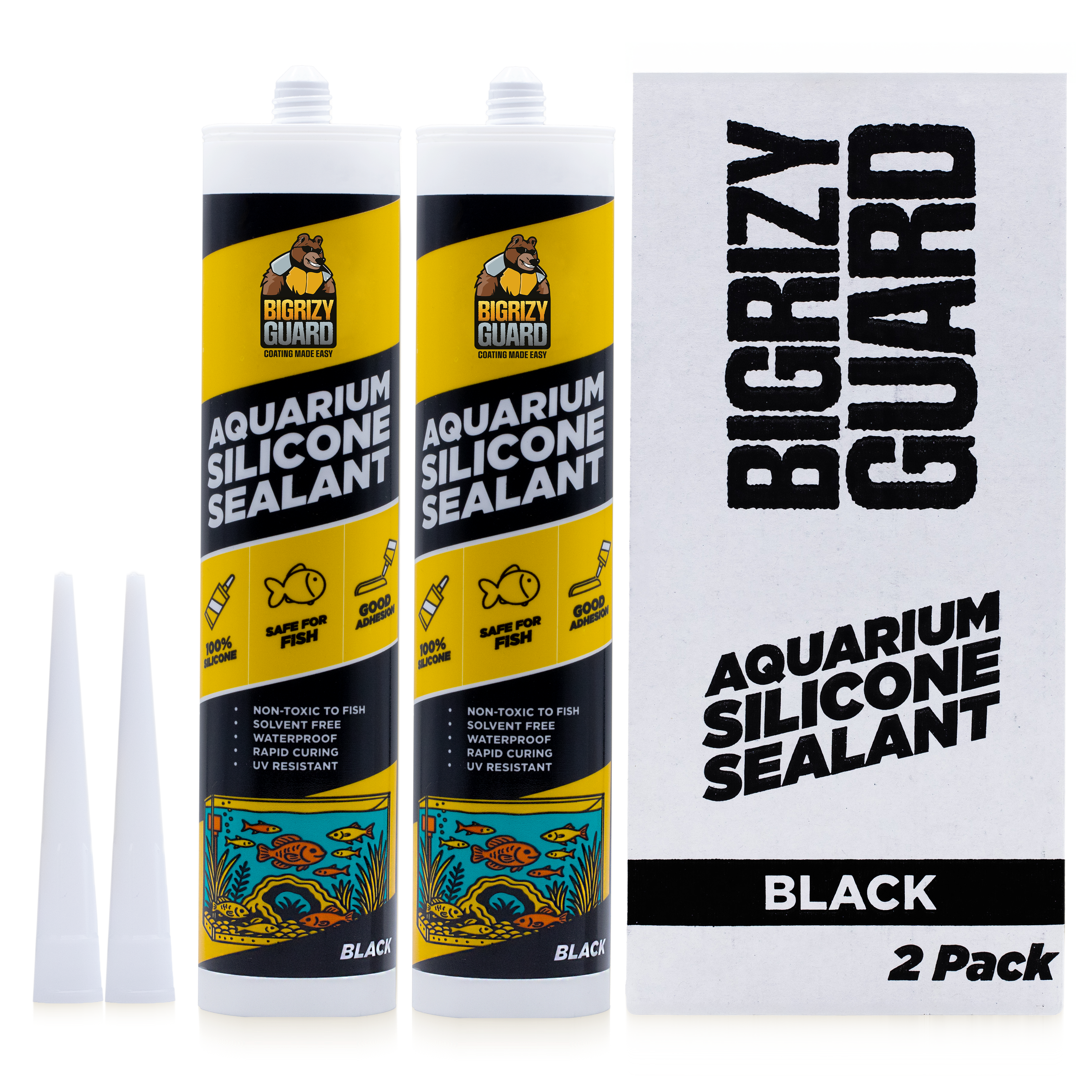 Bigrizy Guard Aquarium Silicone Sealant Black 2x10.14 Fl oz Cartridge - Aquarium Safe Silicone for Fish & Plants | 100% Waterproof, Premium, Non-Toxic, Solvent Free, Strong Bond, Fast Curing (2 Pack)